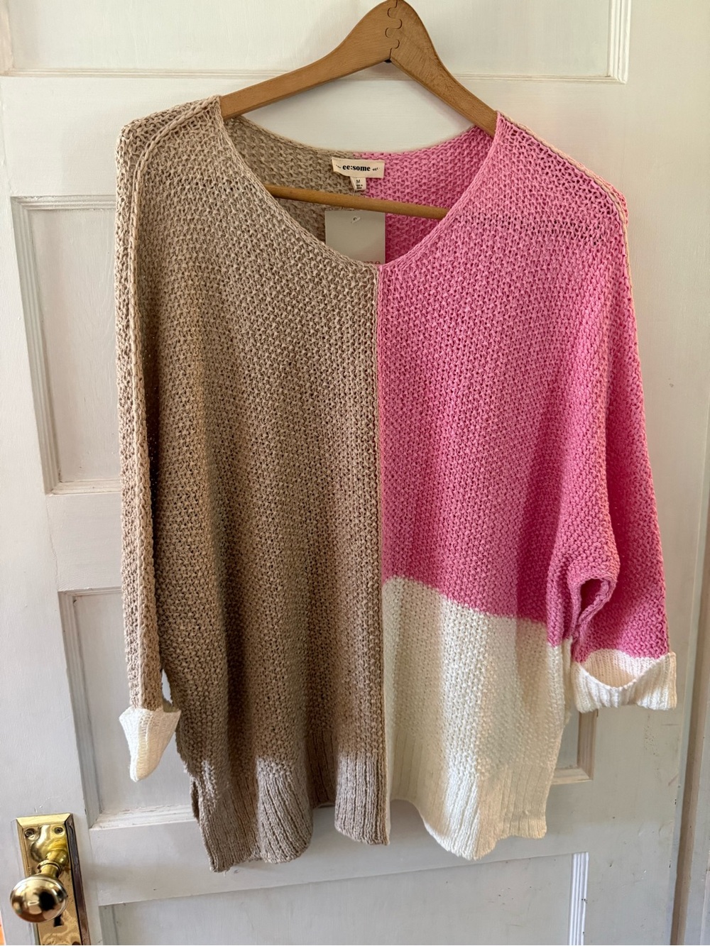 eesome Colorblock Crew Sweater in Pink, Cream & Taupe